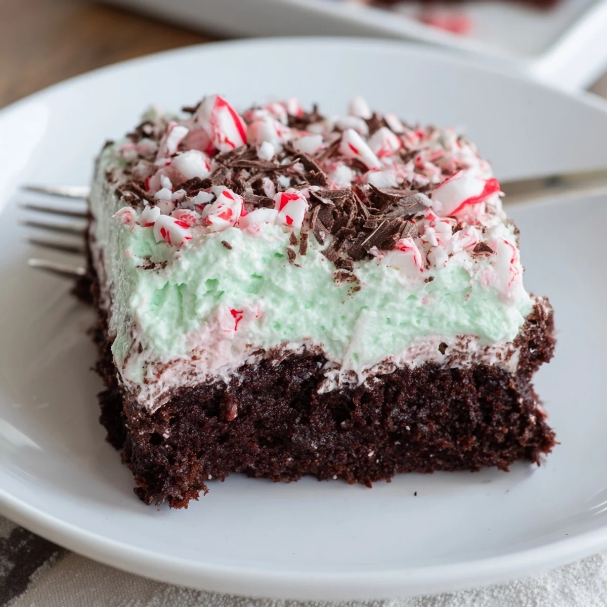 Festive Peppermint Poke Cake with chocolate shavings, pillowy whipped topping, minty aroma