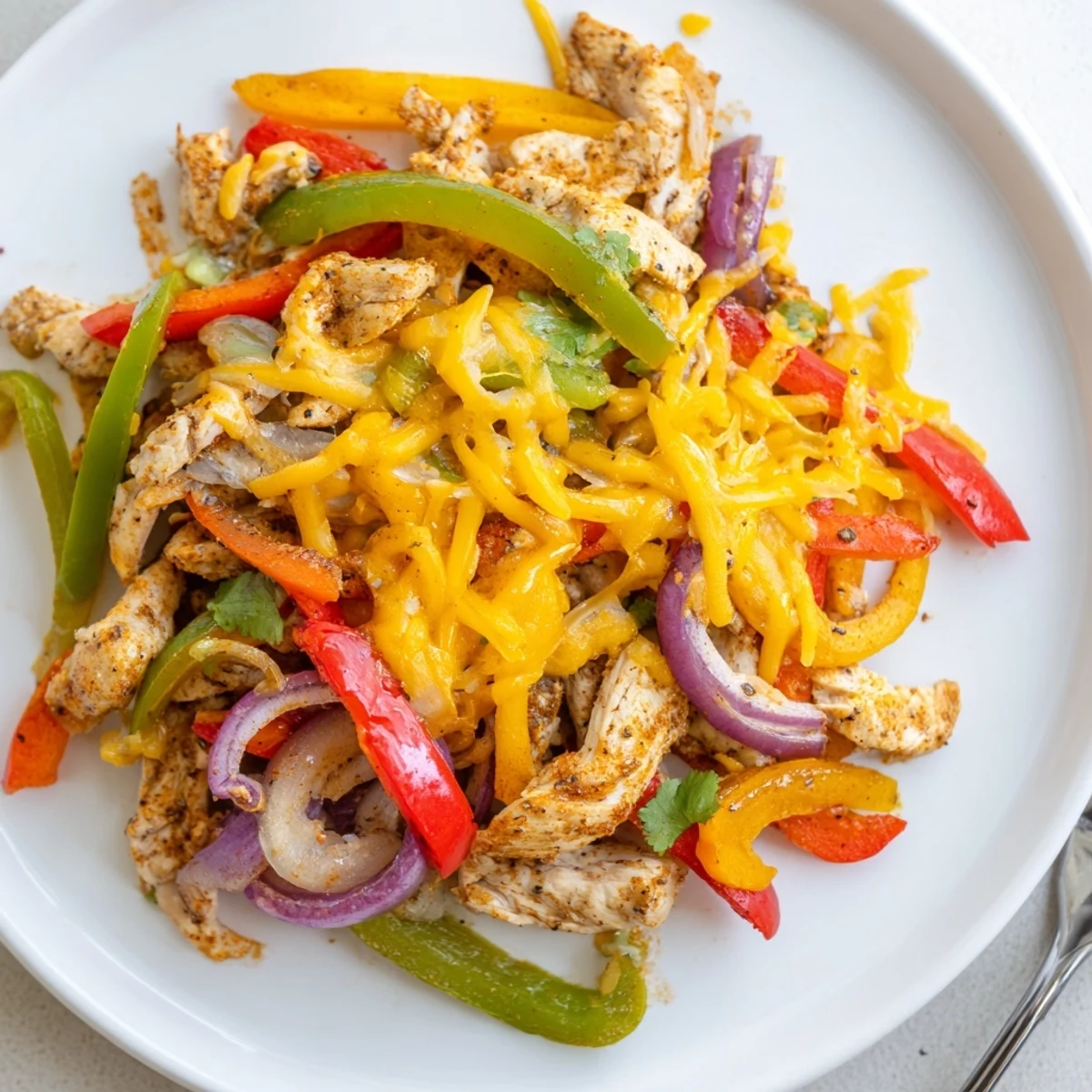 Cheesy Baja Chicken Bell Pepper Skillet sizzling with melted cheese and lime
