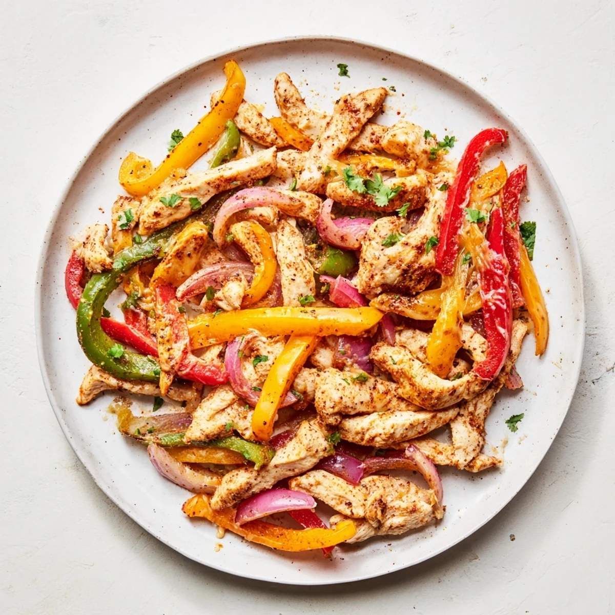 Bright Cheesy Baja Chicken Bell Pepper Skillet topped with cilantro, served with warm tortillas