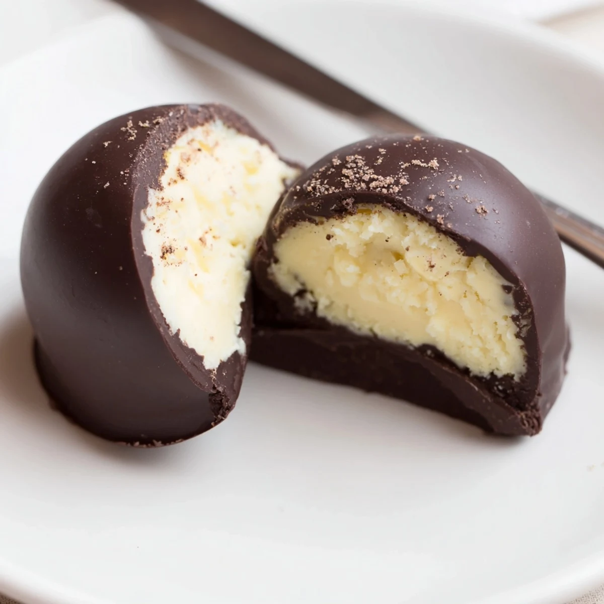 Dark Chocolate Eggnog Truffles glisten with glossy coating, dusted nutmeg, festive bite