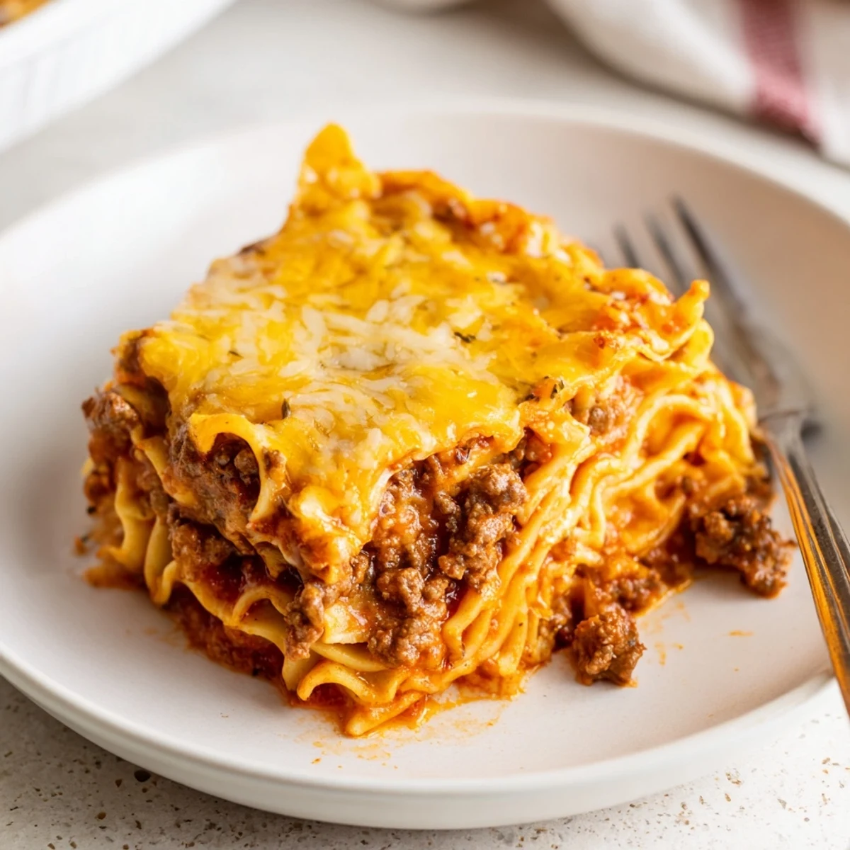 Beef Lombardi Casserole bubbling with golden cheddar, tomato sauce and savory beef  