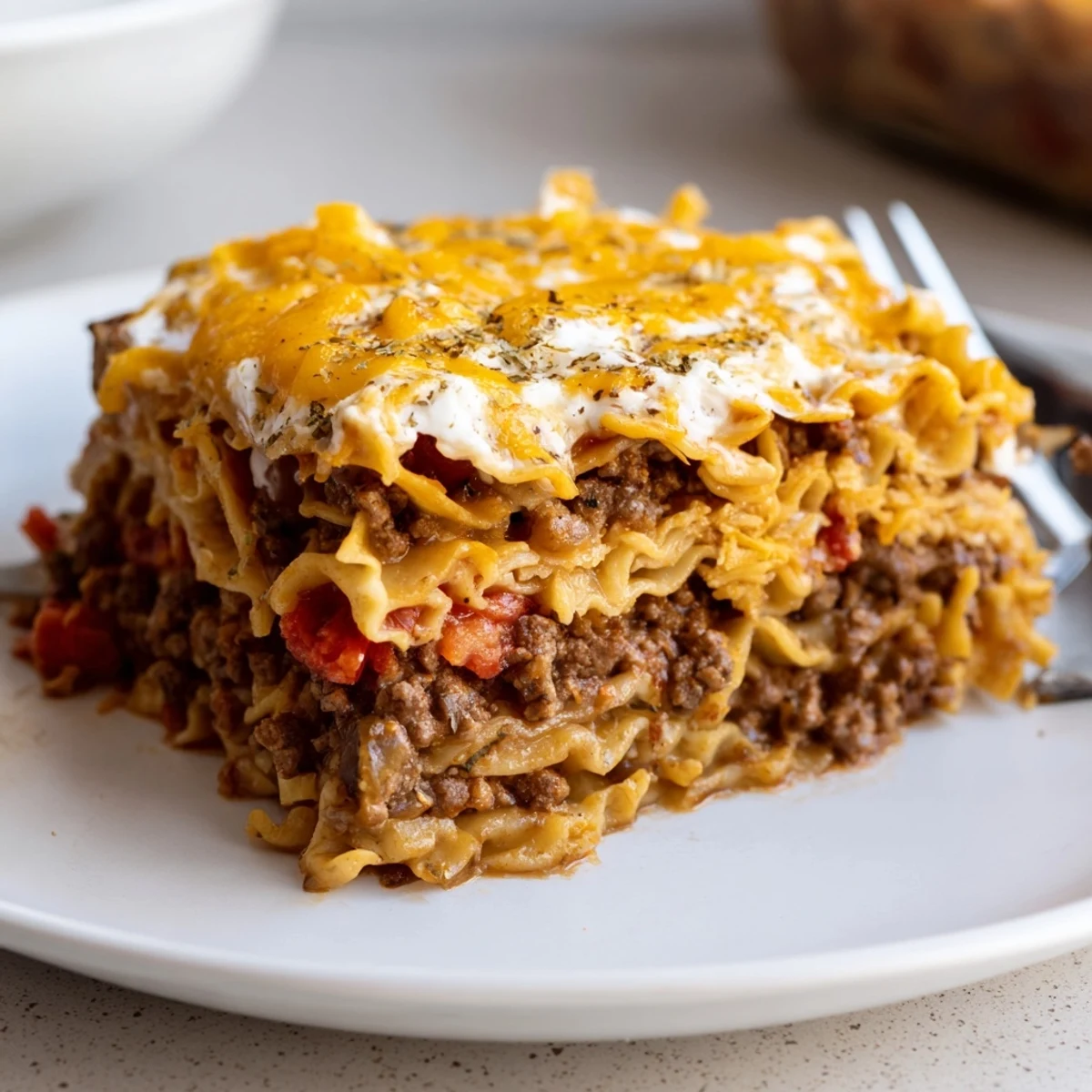 Family style Beef Lombardi Casserole on table, steam rising, ready with salad