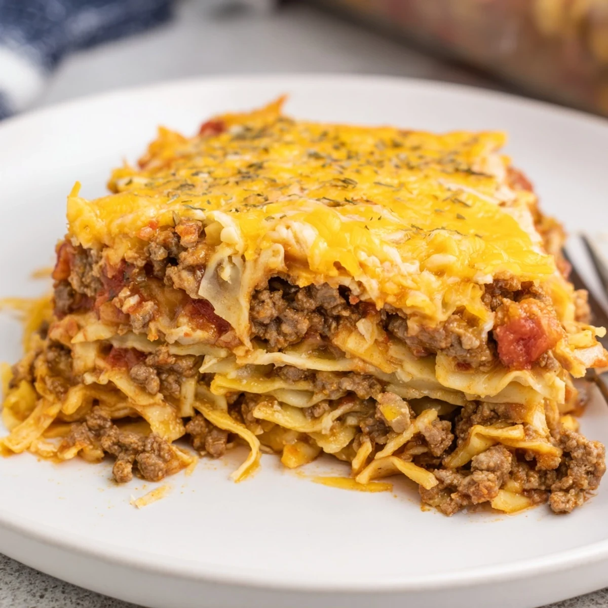 Warm Beef Lombardi Casserole layered with creamy cottage cheese and tender noodles  