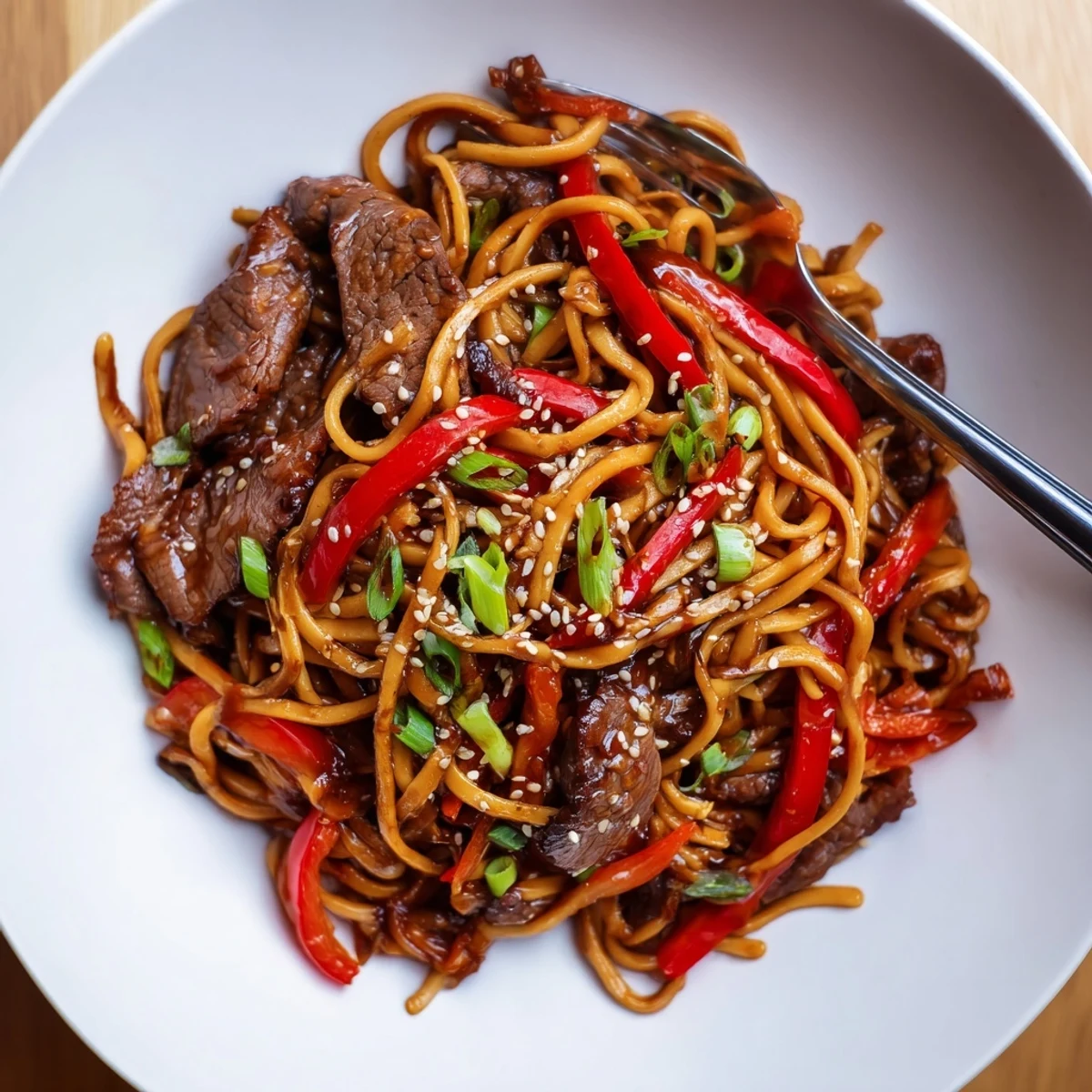 Sticky Beef Noodles glistening with glossy sauce, tender beef and sesame garnish