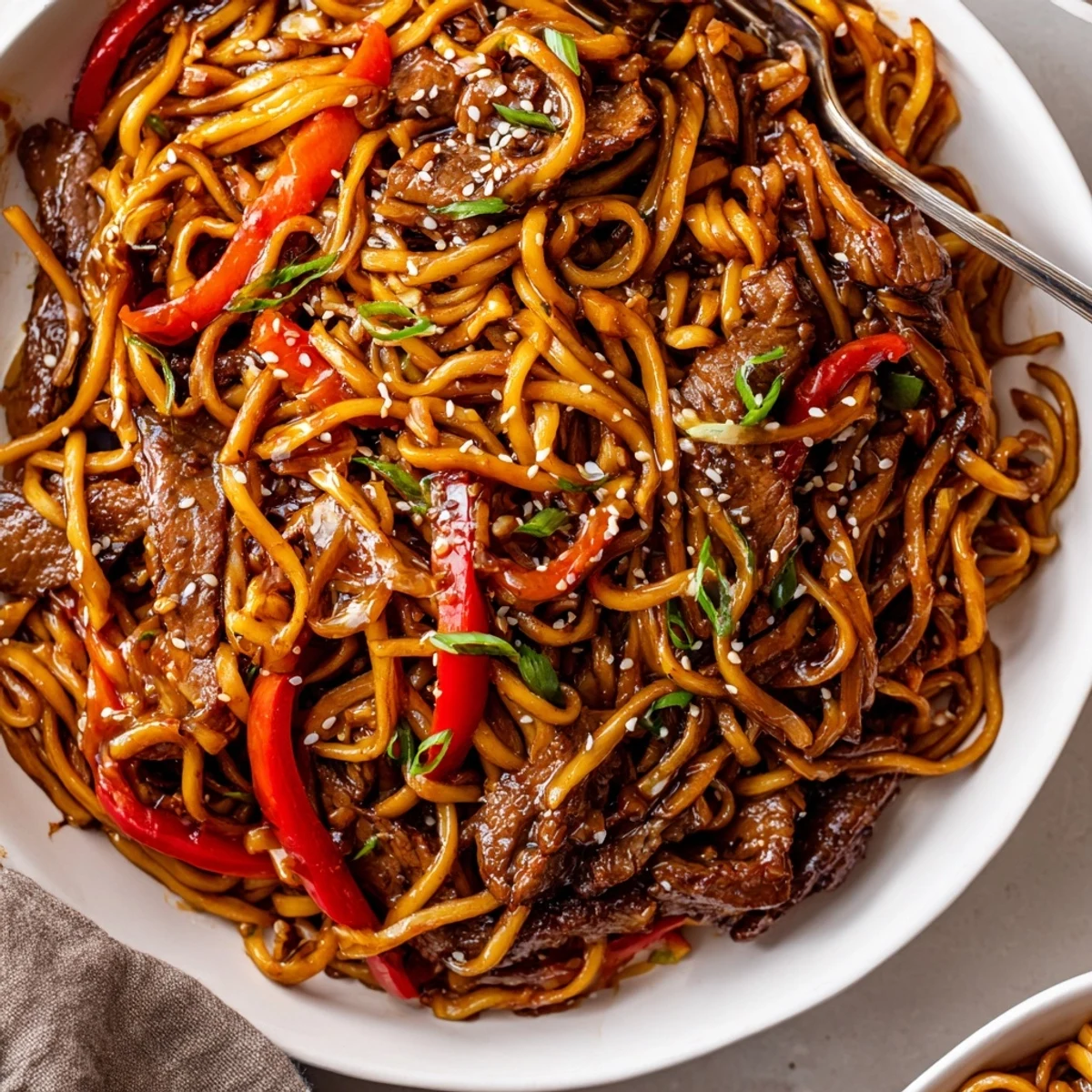 Warm Sticky Beef Noodles tossed with crunchy bell pepper and scallions