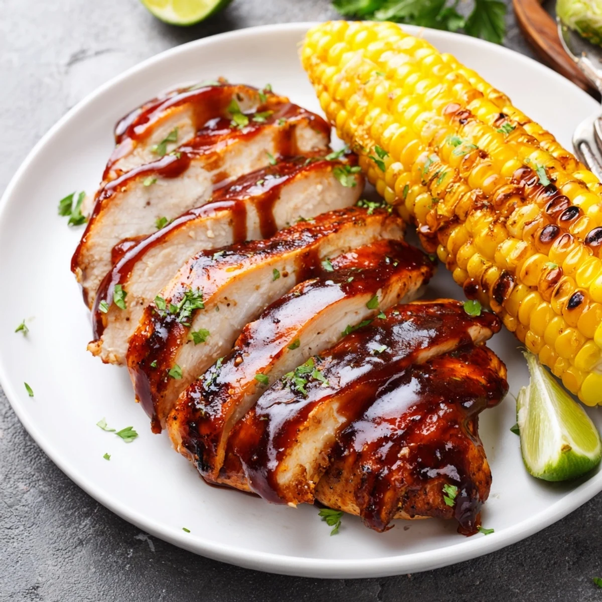 Juicy BBQ Chicken With Corn plated with charred kernels and lime wedges