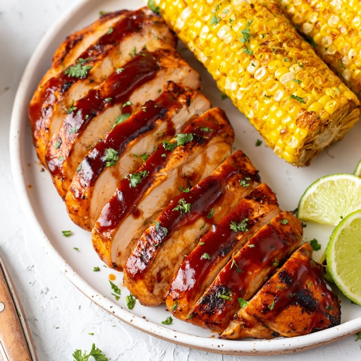 BBQ Chicken With Corn: smoky grilled chicken resting beside buttered corn on cob