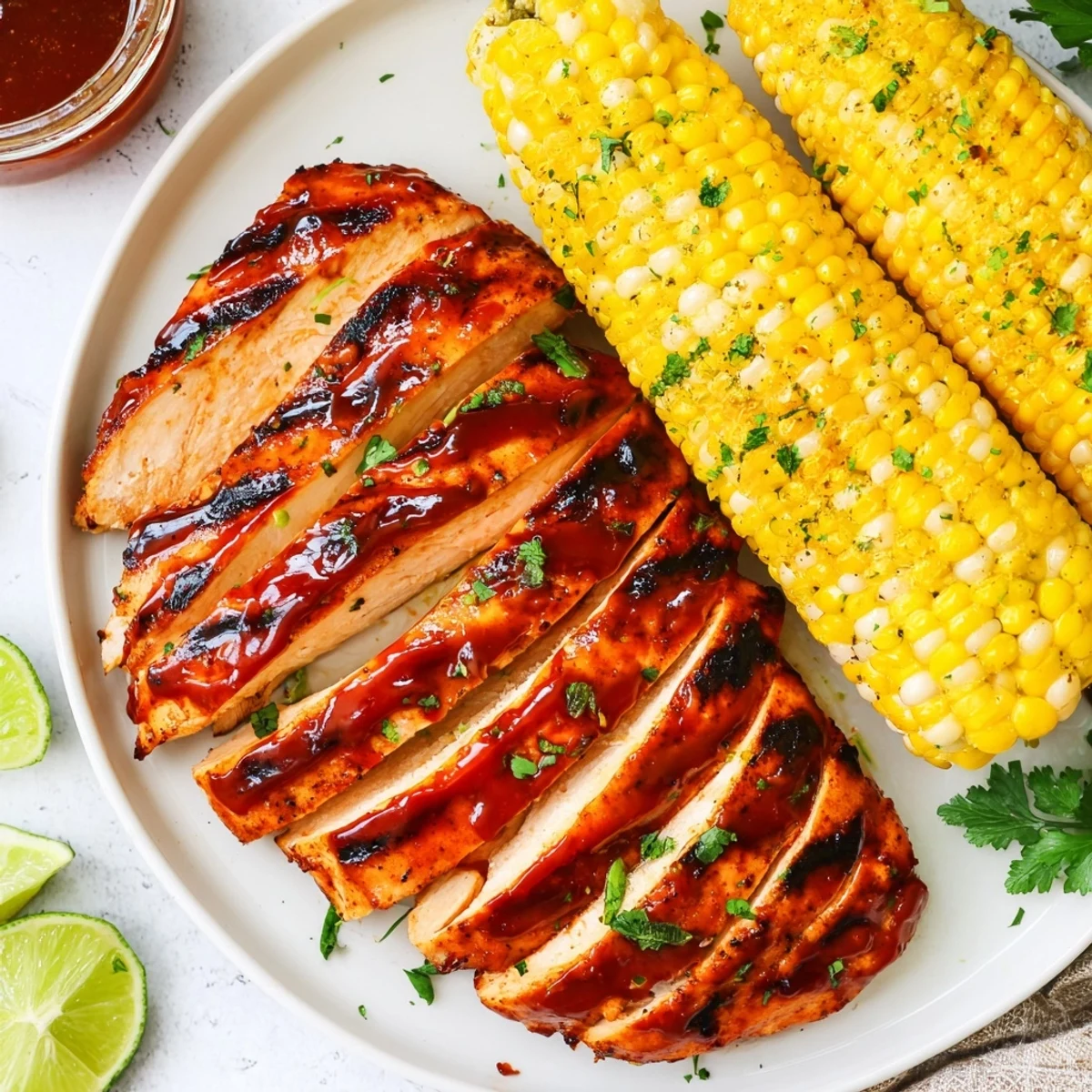 Tender BBQ Chicken With Corn sliced on platter alongside buttered cobs