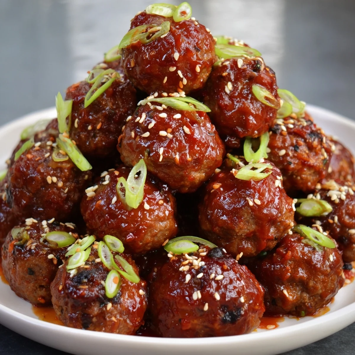 Baked Firecracker Meatballs tossed warm in honey and vinegar heat, sesame sprinkled.