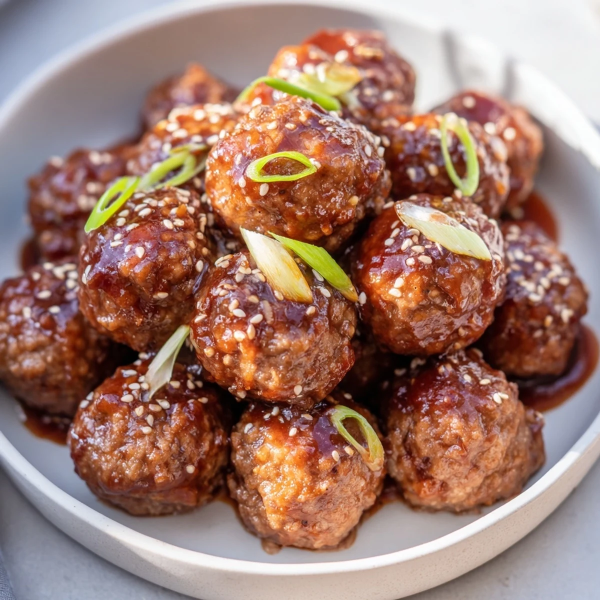 Firecracker Meatballs glazed in glossy spicy and sweet sauce, garnished with spring onions.
