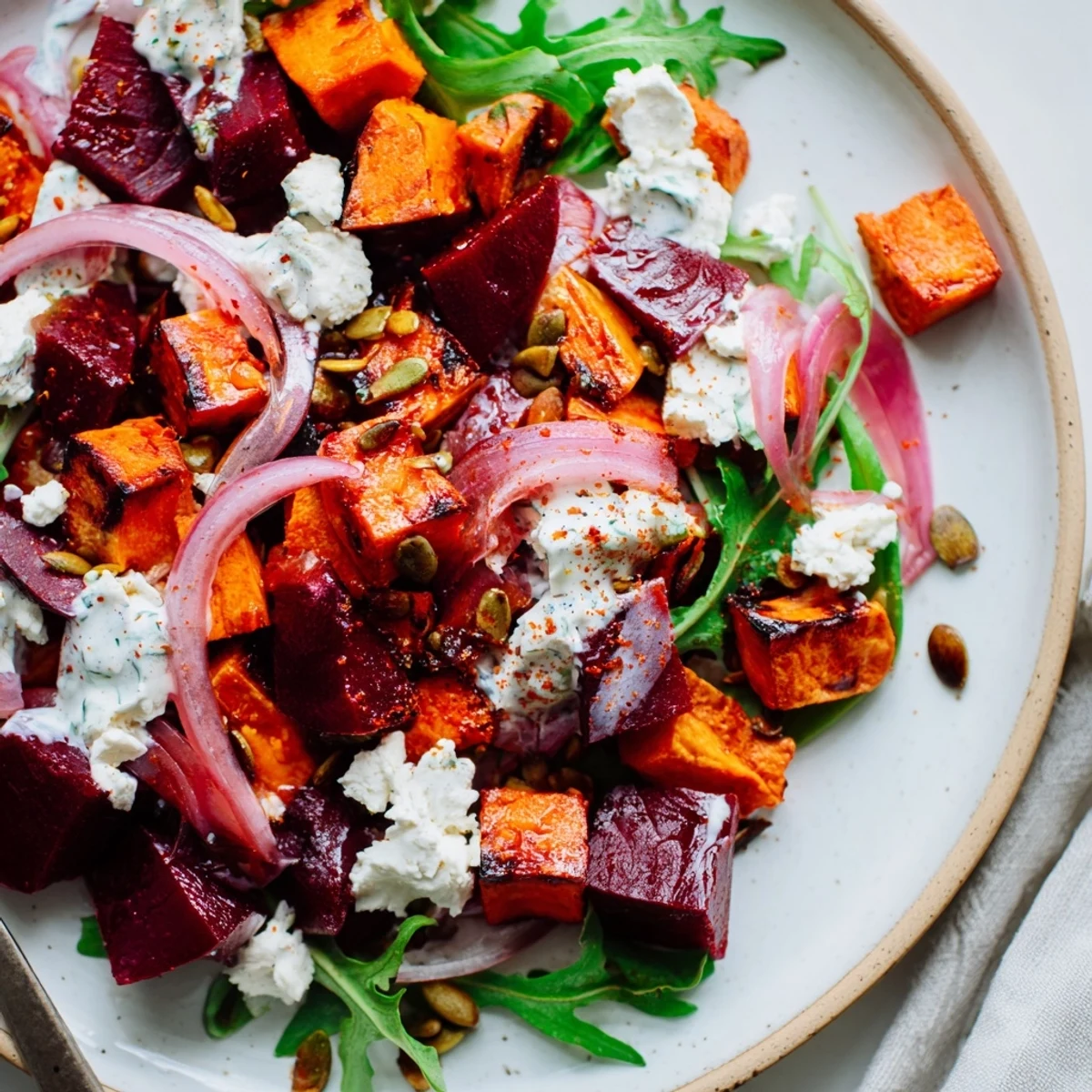 Creamy Roasted Beet Salad With Sweet Potato Feta, roasted beets caramelized and lemony