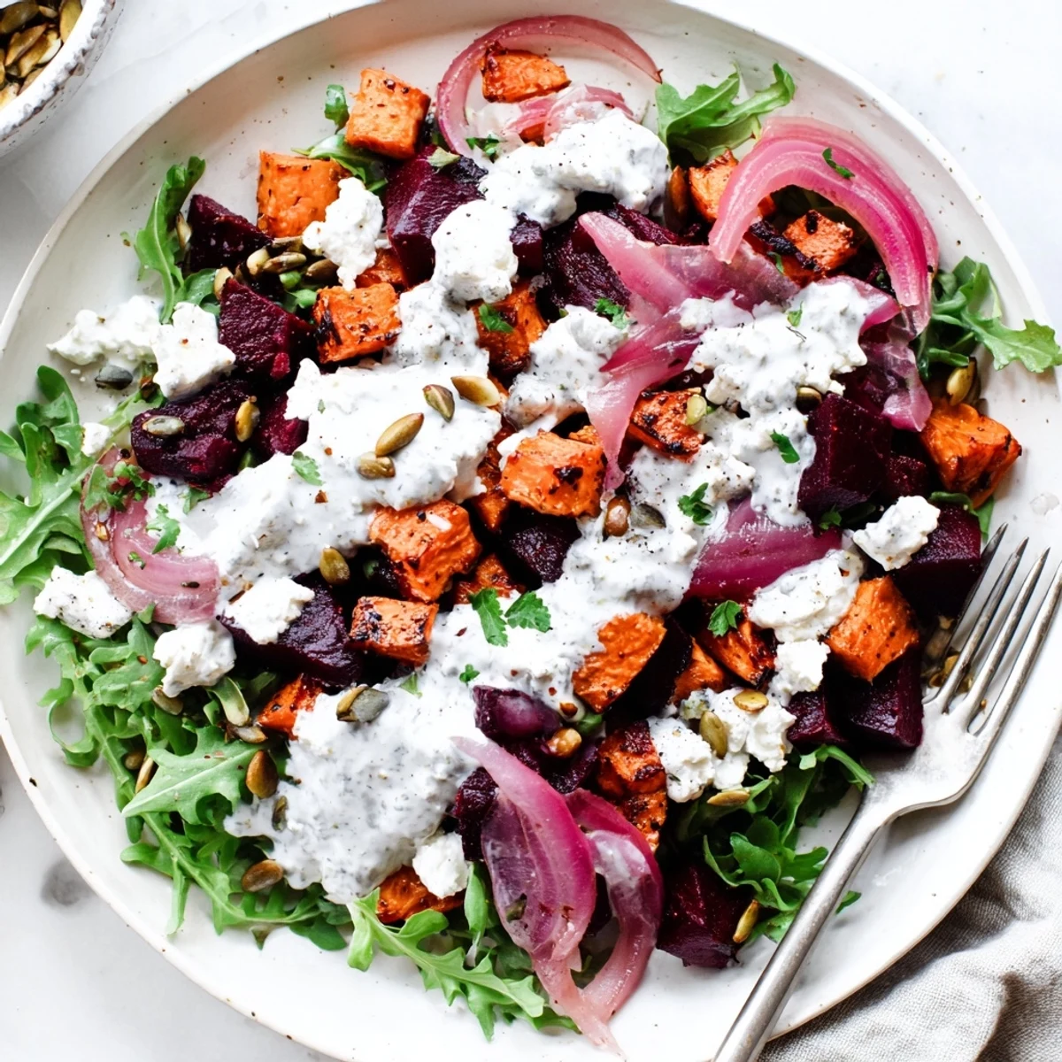 Warm Creamy Roasted Beet Salad With Sweet Potato Feta over peppery arugula