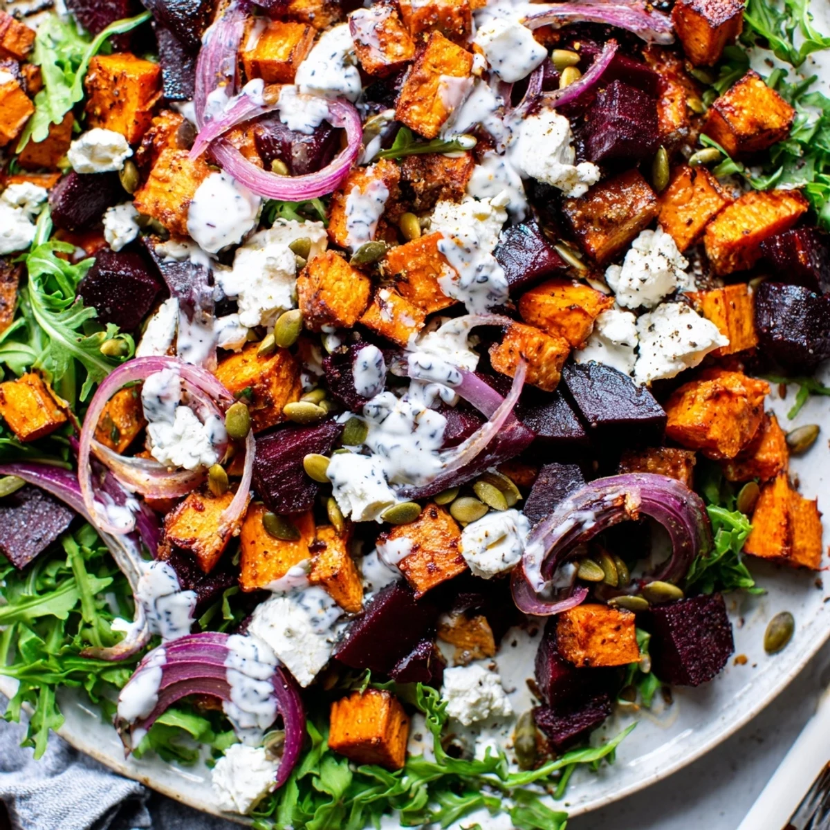 Creamy Roasted Beet Salad With Sweet Potato Feta garnished with toasted pumpkin seeds