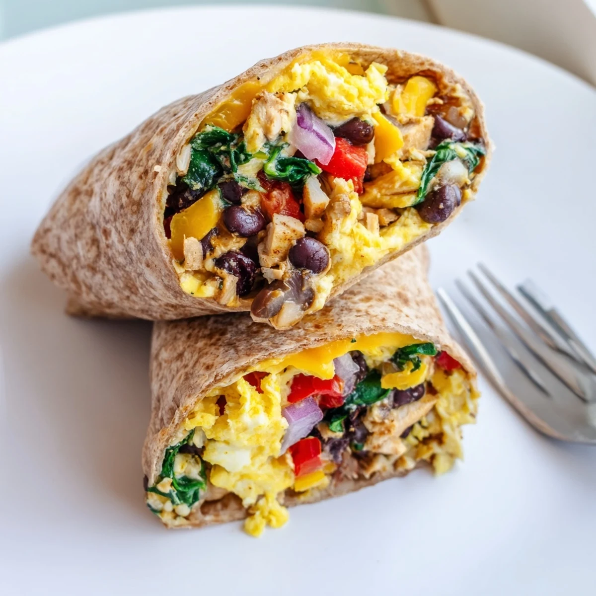 Protein Breakfast Burrito overflowing with warm scrambled eggs, melted cheddar, and salsa.