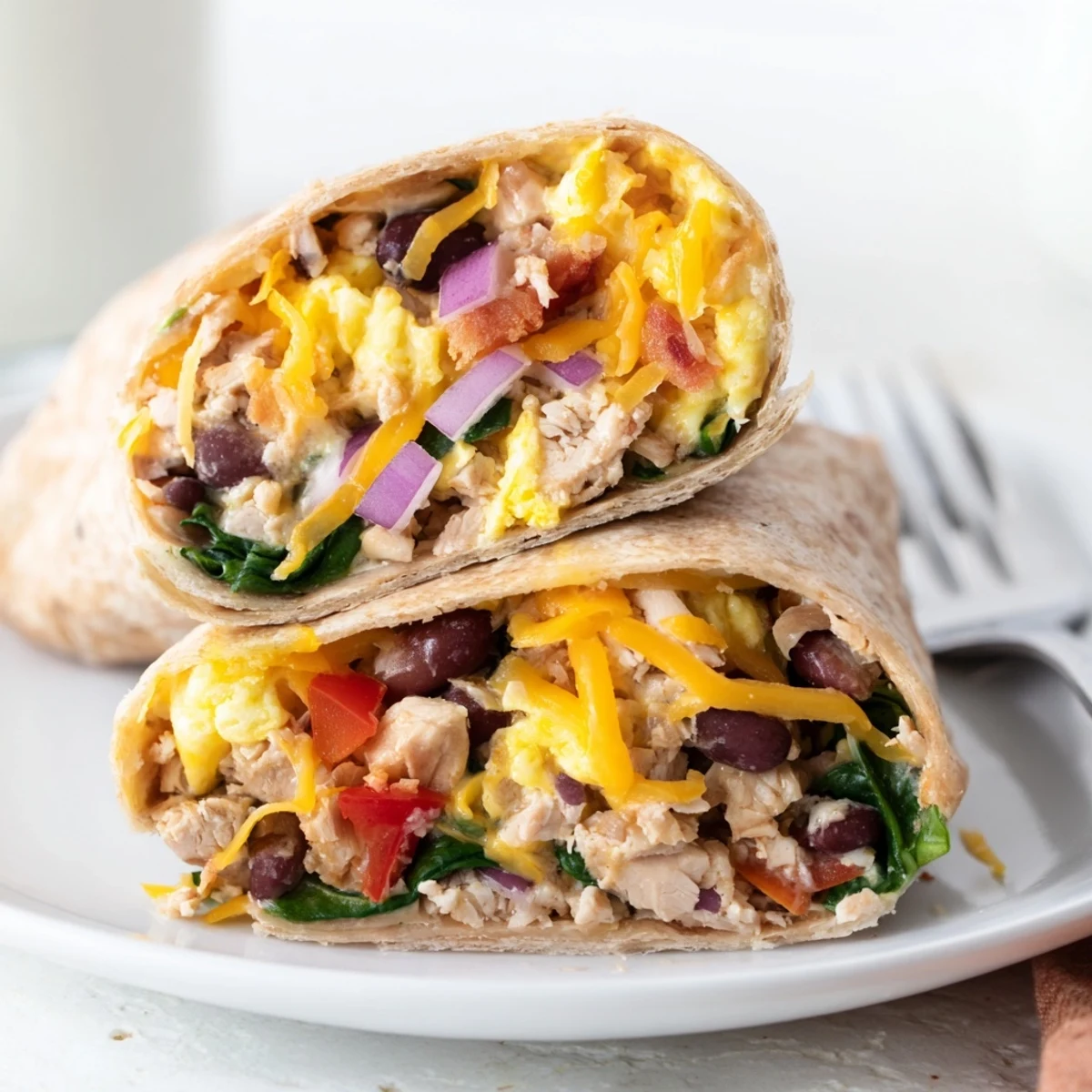 Steaming Protein Breakfast Burrito wrapped in whole wheat tortilla, served sliced.