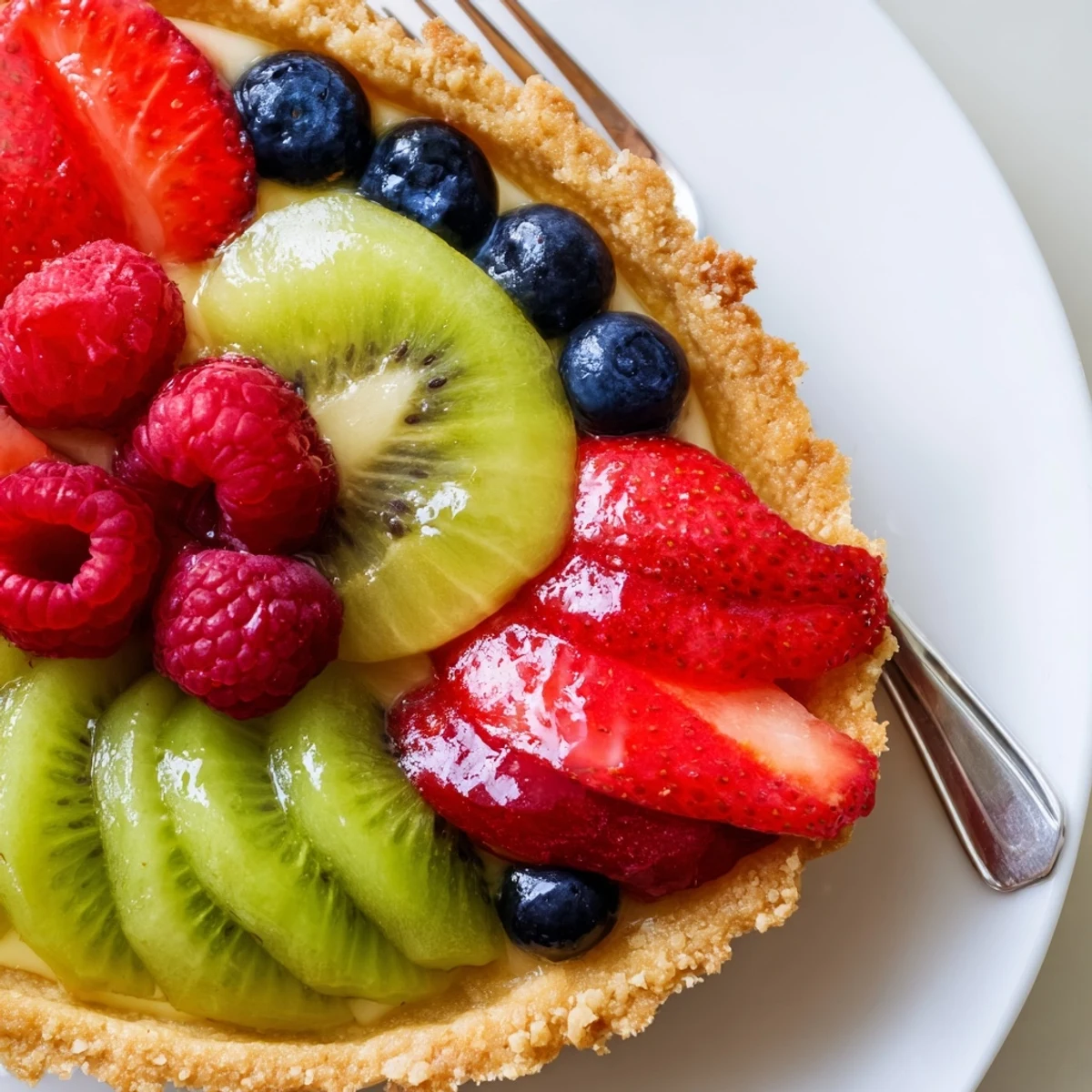 Fruit Tart With Mascarpone gleaming with glazed berries, crisp crust, chilled before serving