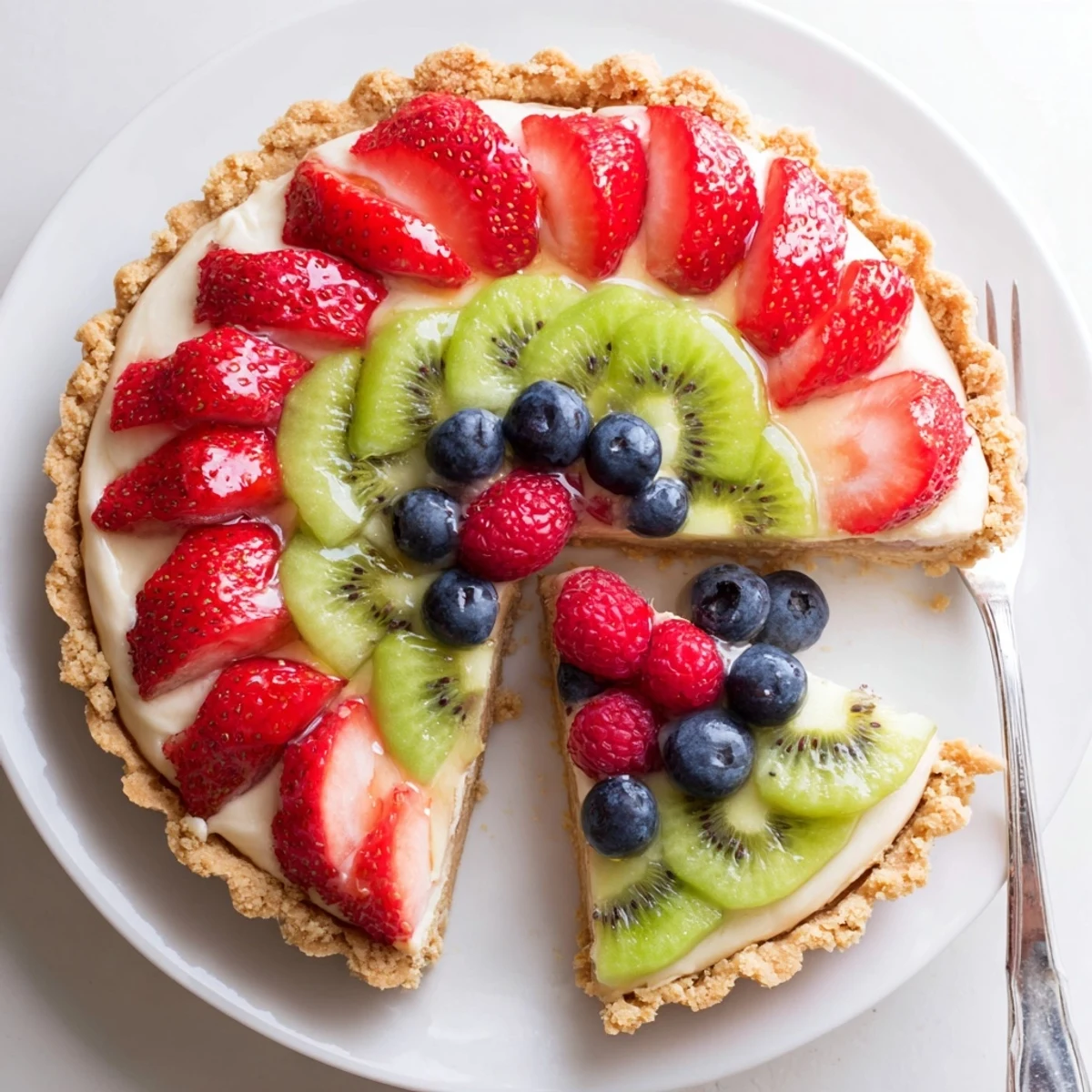 Sliced Fruit Tart With Mascarpone on a rustic plate, lemon-zest aroma