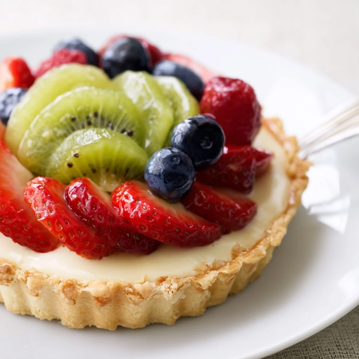 Colorful Fruit Tart With Mascarpone arranged neatly, creamy filling and buttery crust
