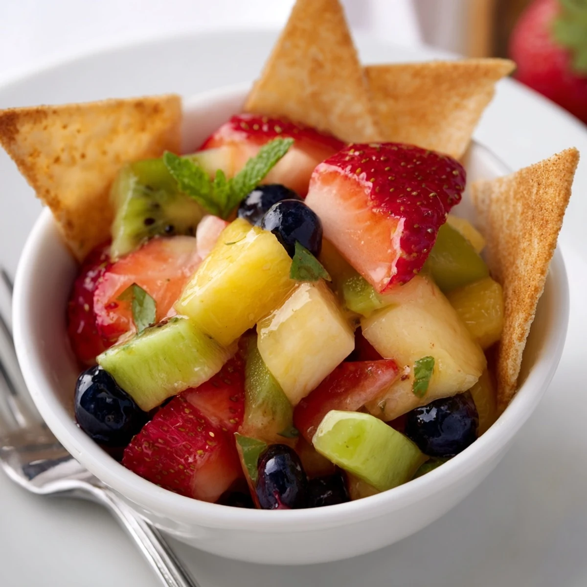 Fruit Salsa With Cinnamon Sugar Tortilla Chips glistening in bowl, cinnamon-scented chips  