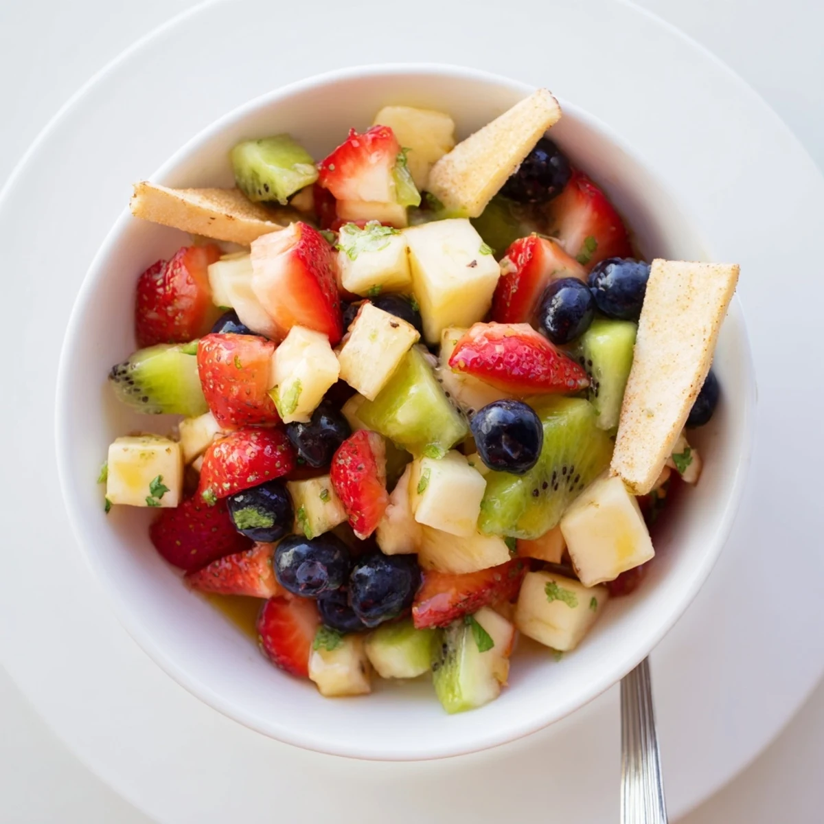 Bowl of Fruit Salsa With Cinnamon Sugar Tortilla Chips, tangy, sweet, ready for dipping  