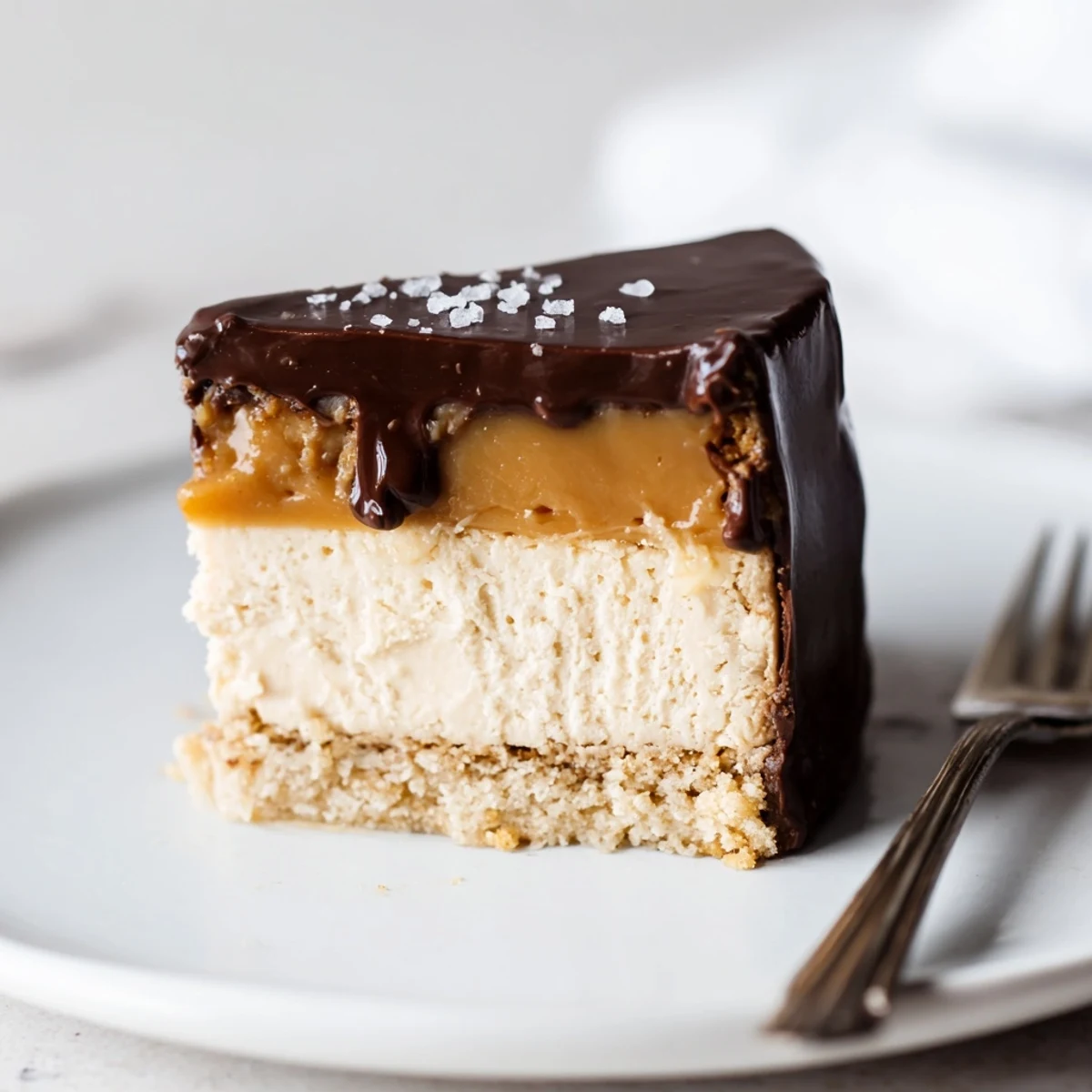Luxurious Millionaire Cheesecake with glossy chocolate ganache and salted caramel layers