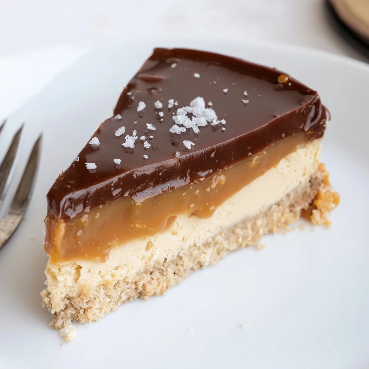 Slice of Luxurious Millionaire Cheesecake on plate, creamy, biscuit base visible