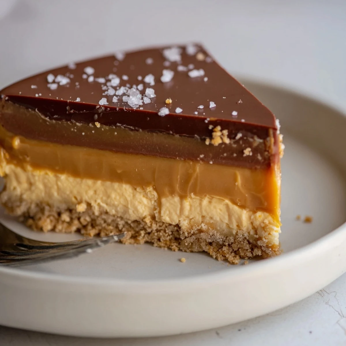 Luxurious Millionaire Cheesecake chilled overnight, glossy ganache, caramel oozing, ready to serve