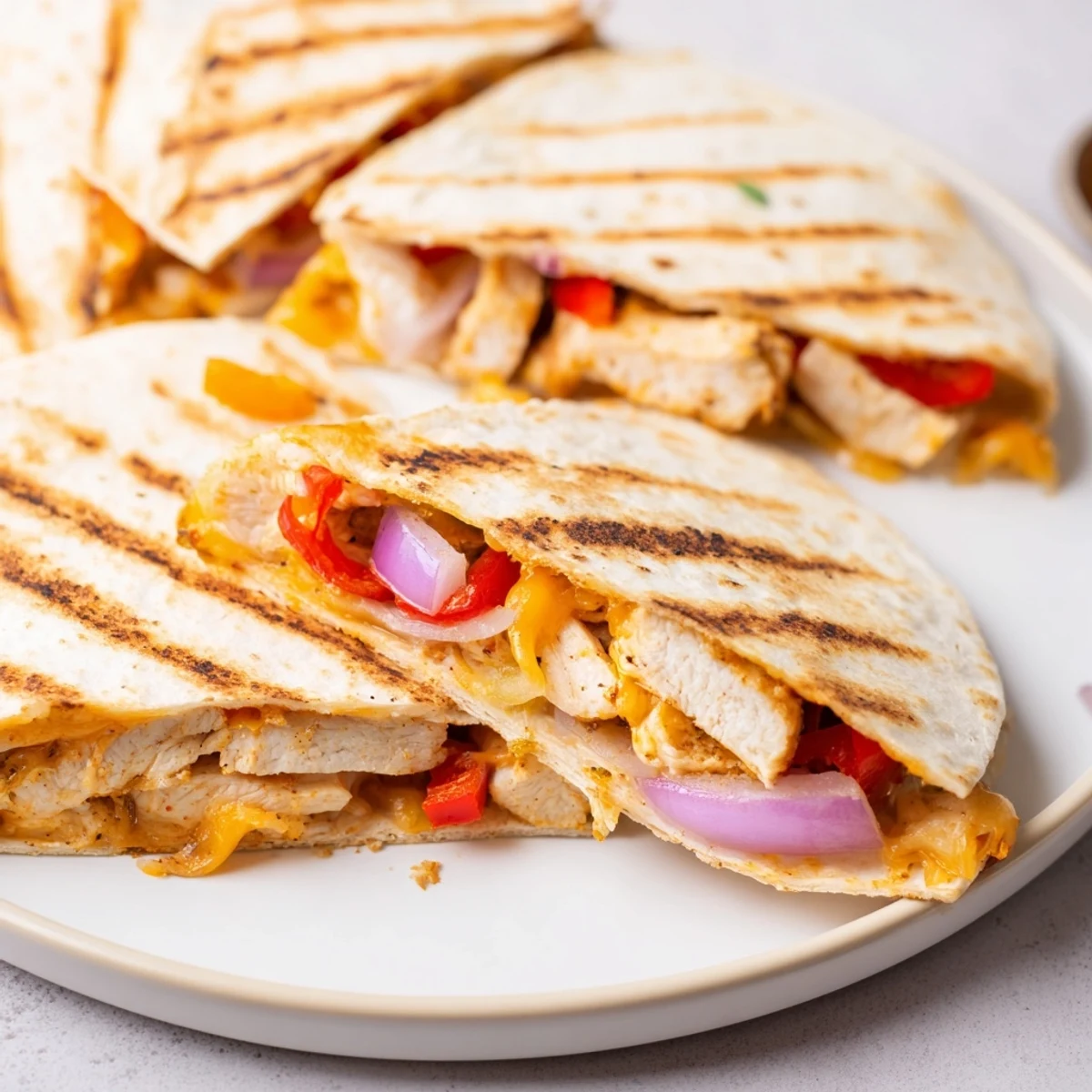 Spicy Crispy Grilled Chicken Quesadilla oozing melted cheese and smoky charred edges
