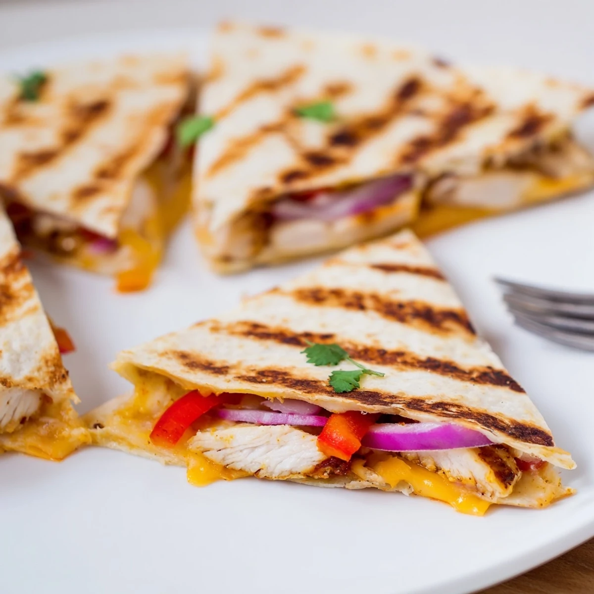 Golden buttery Spicy Crispy Grilled Chicken Quesadilla topped with cilantro and jalapeños