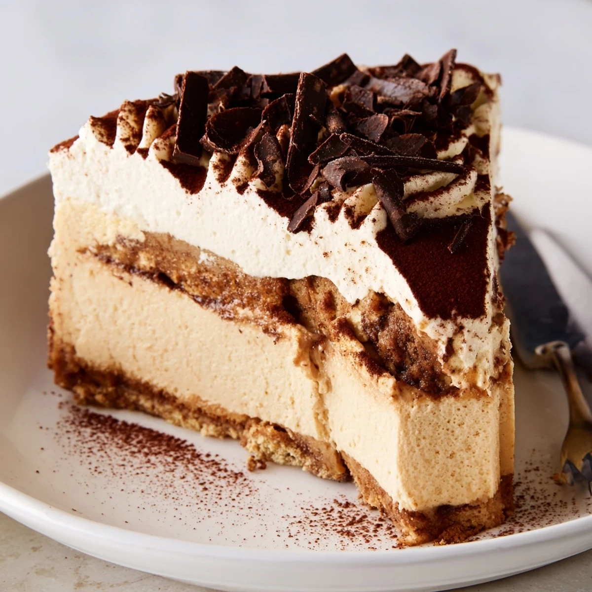 Decadent Creamy Coffee Infused Tiramisu Cheesecake, velvety layers dusted with cocoa.