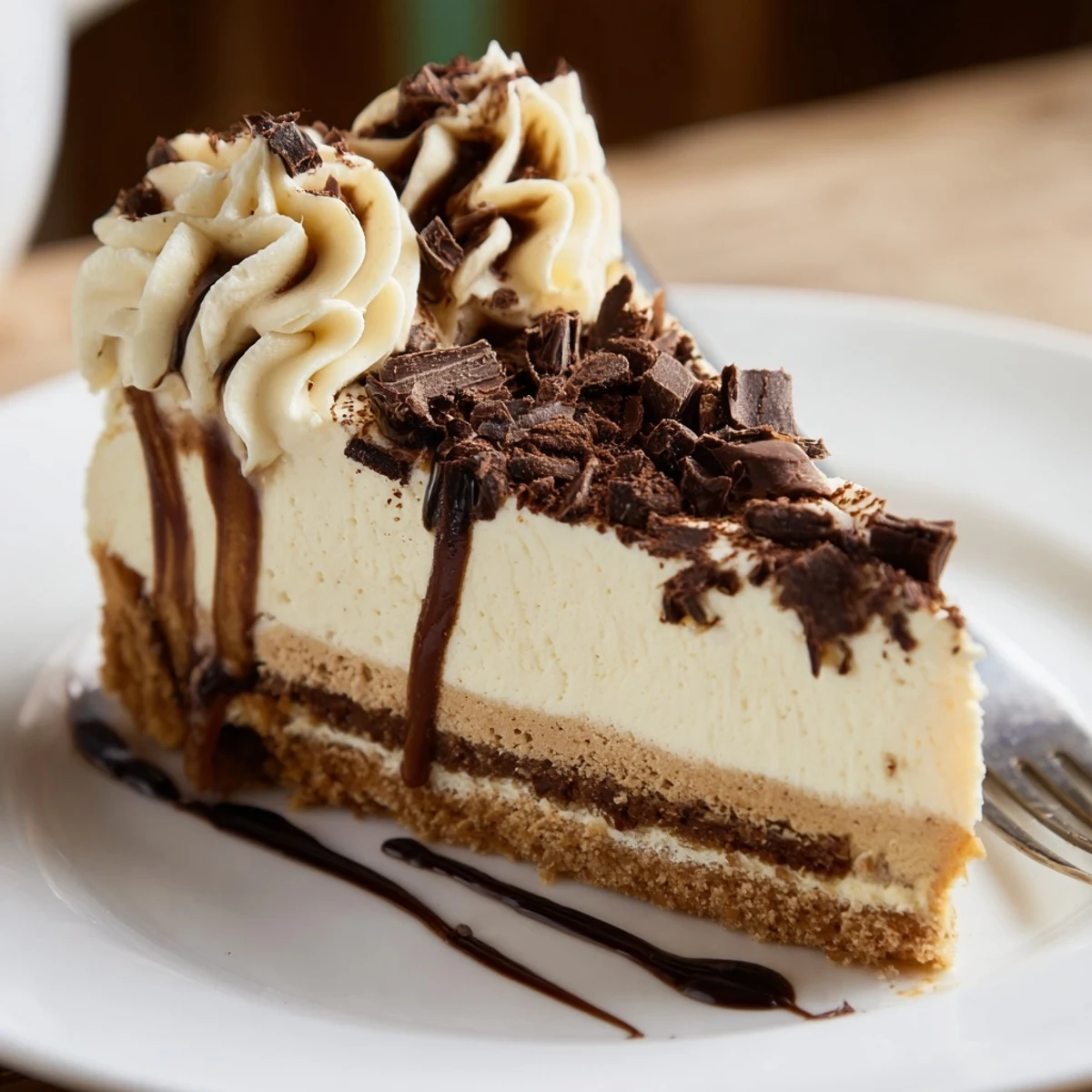 Served chilled with dark chocolate shavings, Decadent Creamy Coffee Infused Tiramisu Cheesecake.
