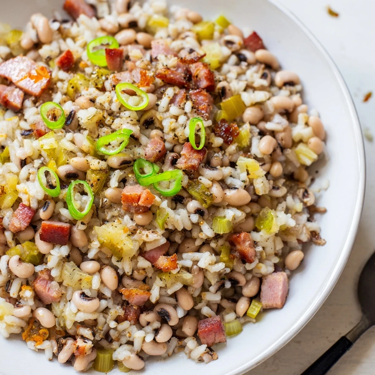 Bowl of Hearty Smoky Southern Hoppin John with crisp bacon, bright green onions