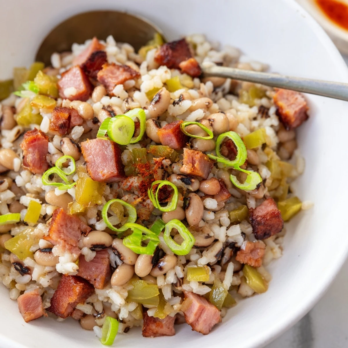 Hearty Smoky Southern Hoppin John piled on plate, smoky aroma, hot sauce optional