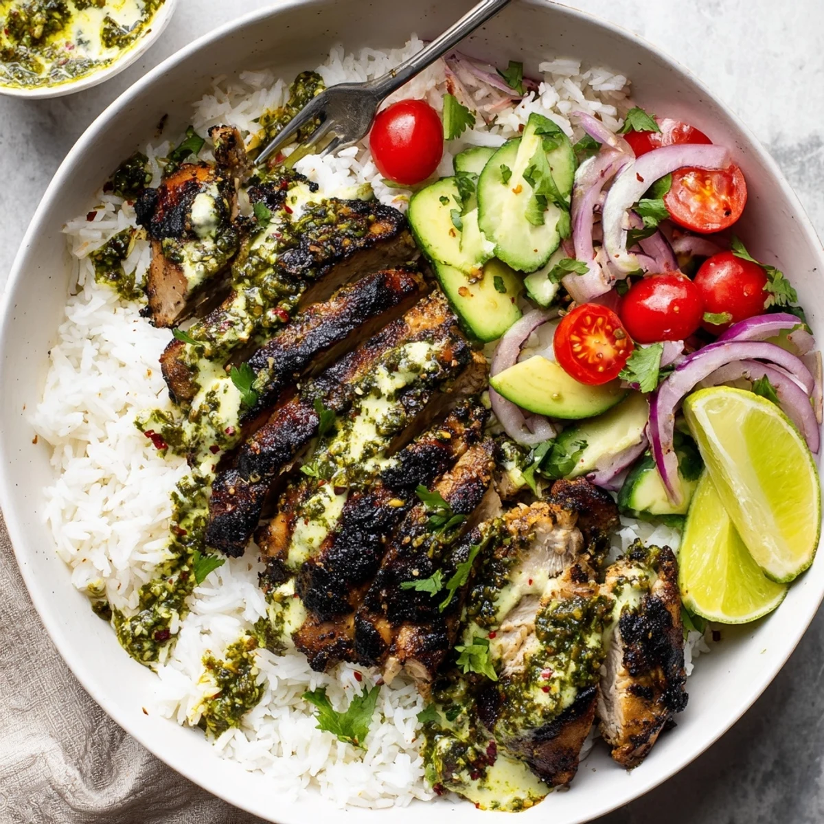 Warm rice topped with Chimichurri Grilled Chicken Bowl With Garlic Sauce and cilantro