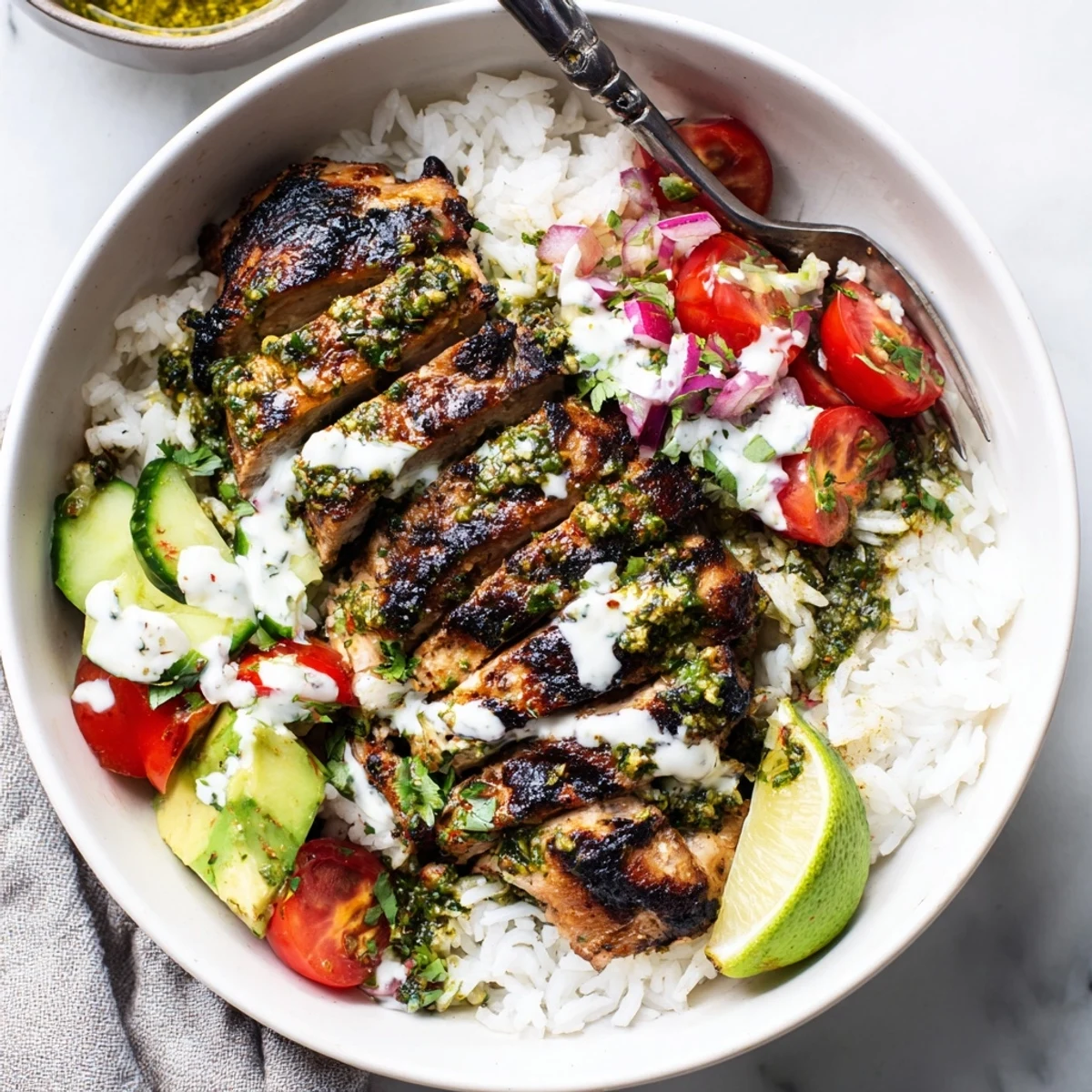 Chimichurri Grilled Chicken Bowl With Garlic Sauce, juicy charred chicken and avocado