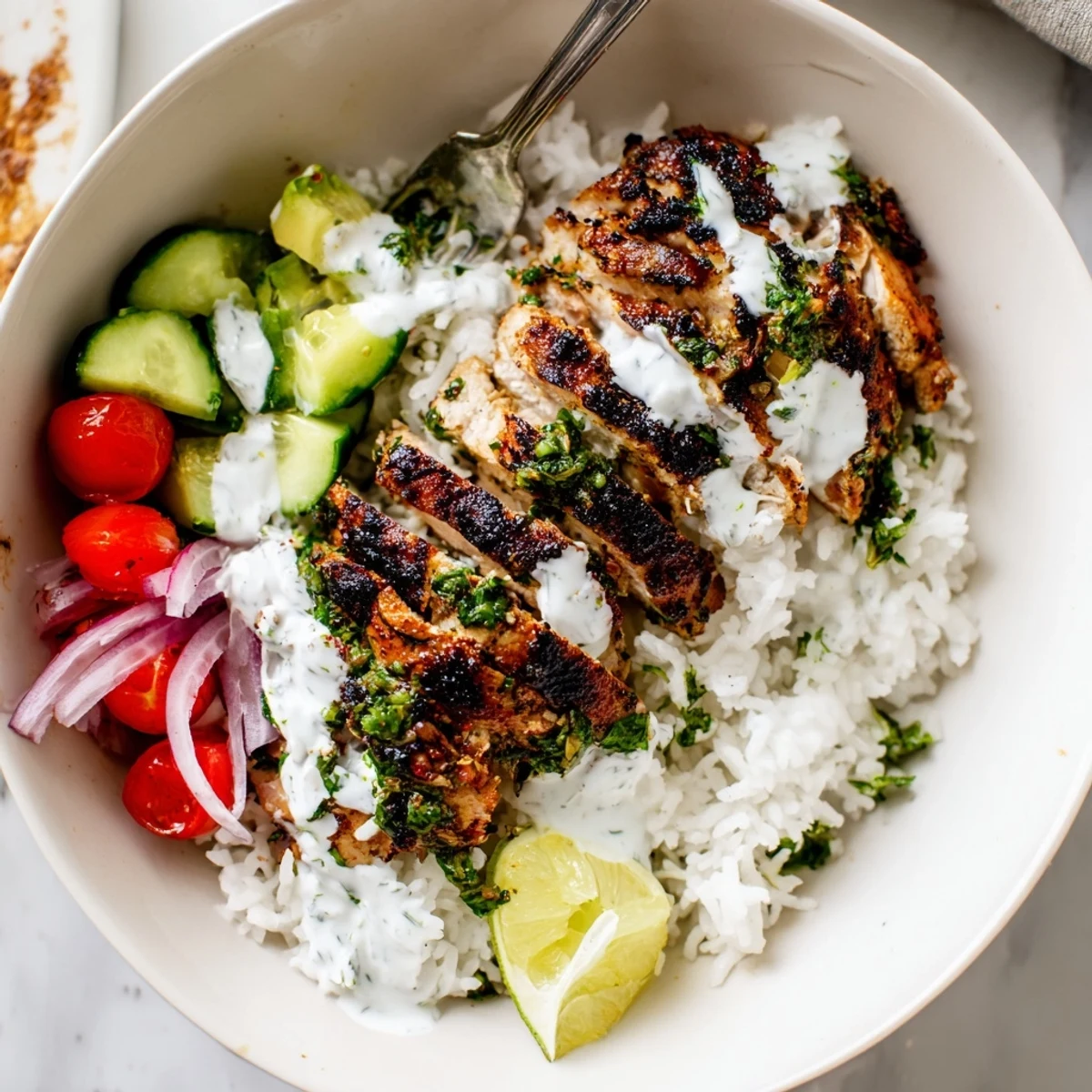 Zesty chimichurri and creamy garlic drizzle crowns Chimichurri Grilled Chicken Bowl With Garlic Sauce
