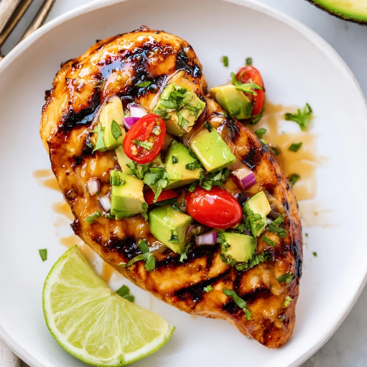 Grilled Fiesta Lime Chicken With Avocado topped with zesty avocado-tomato salsa, lime.