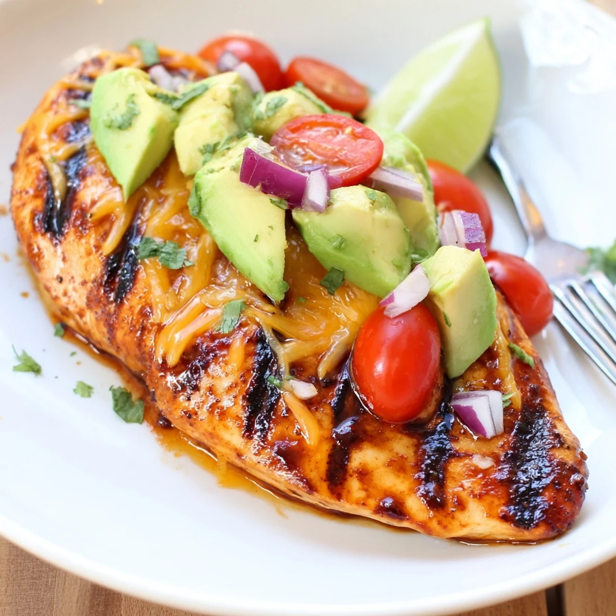 Citrusy Fiesta Lime Chicken With Avocado served over rice, smoky grill marks.