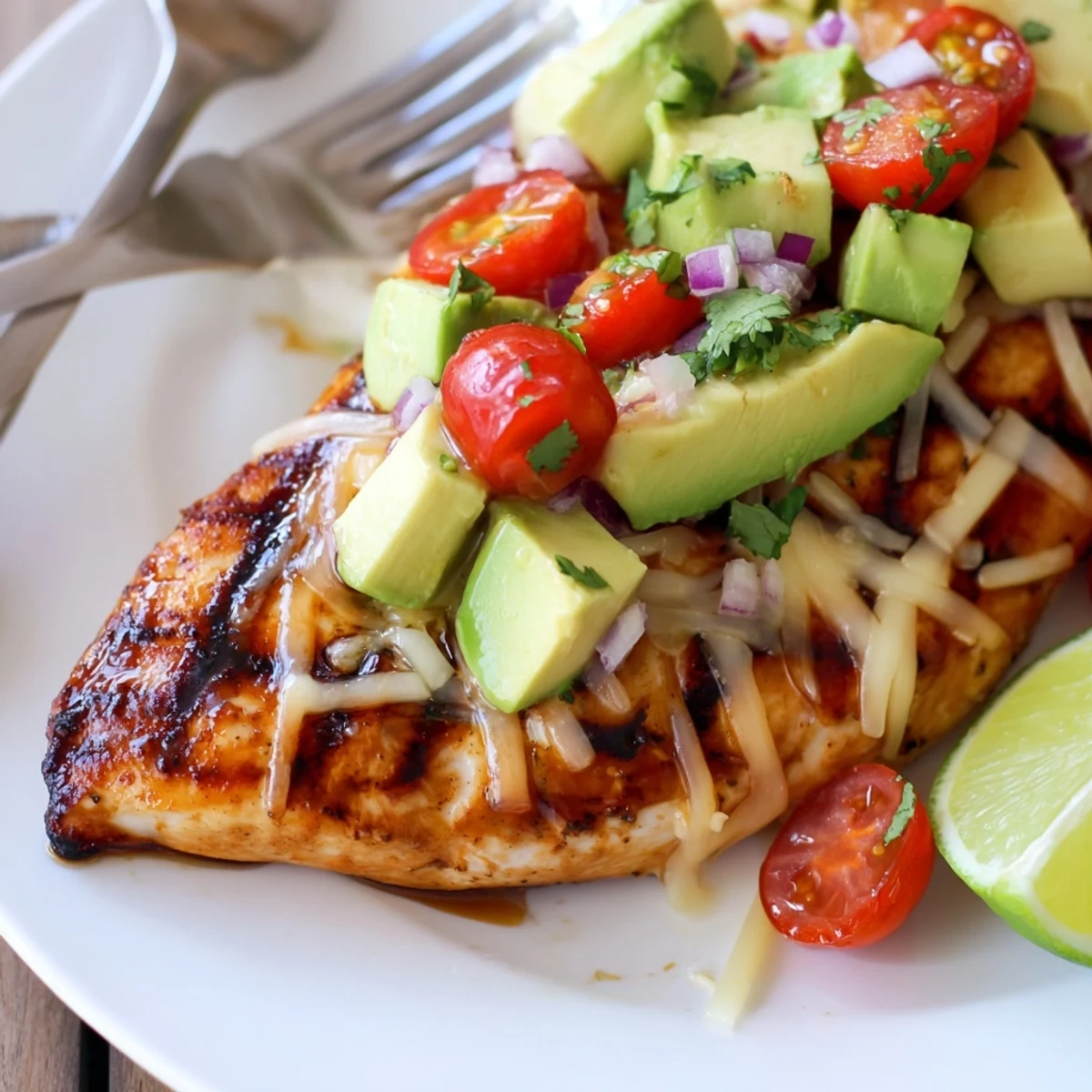 Juicy Fiesta Lime Chicken With Avocado garnished with cilantro, fresh lime wedges.