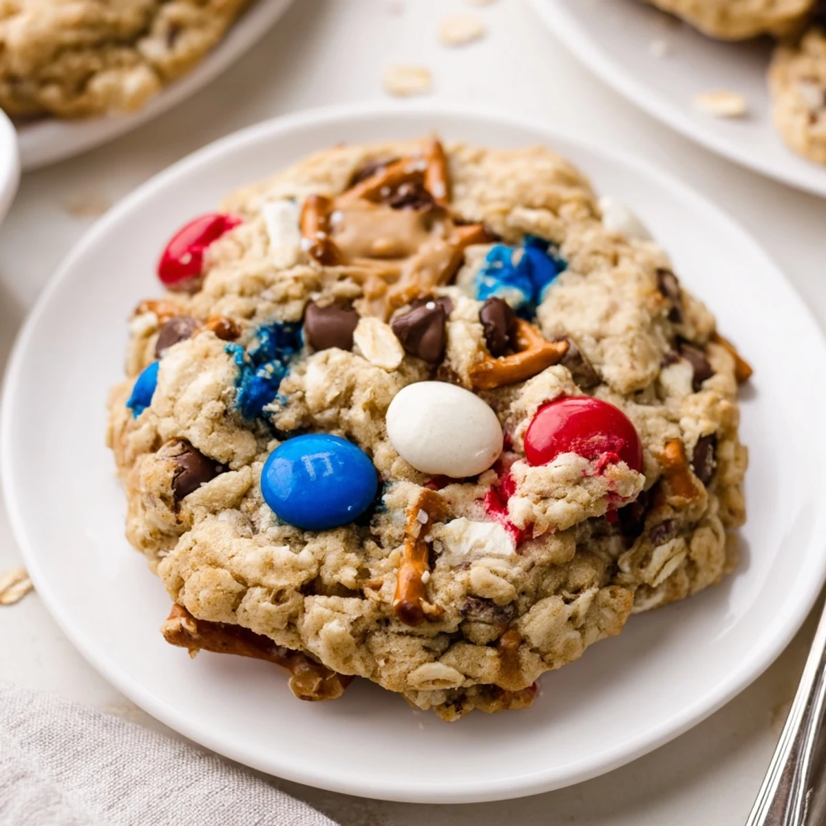 Patriotic Monster Cookies Recipe: chewy oats and peanut butter studded with candies