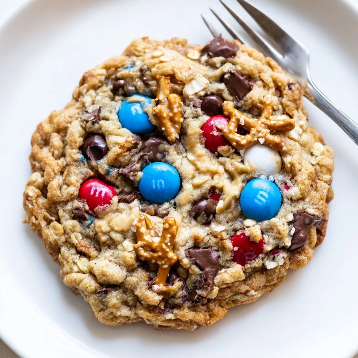 Plate of Patriotic Monster Cookies Recipe beside milk, red, white, blue candies