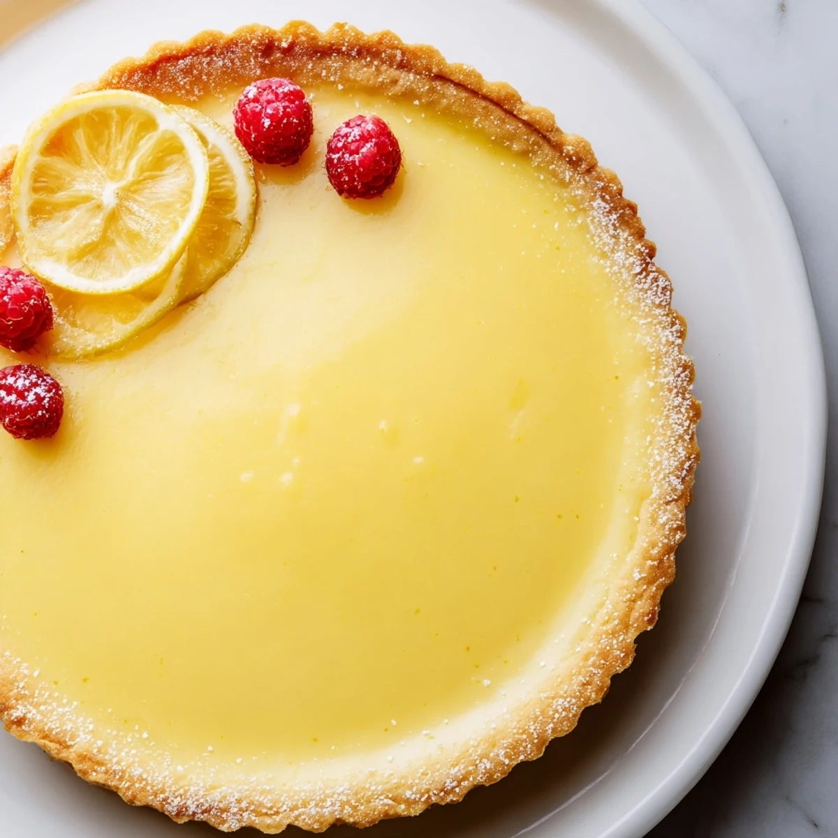 Slice of Creamy Lemon Tart Recipe with silky filling and powdered sugar