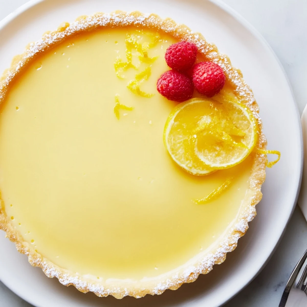 Chilled Creamy Lemon Tart Recipe served with fresh berries and fork