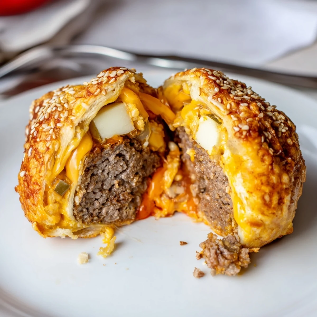 Golden biscuit bombs filled with melty cheddar — Cheesy Cheeseburger Bombs Explosion Recipe