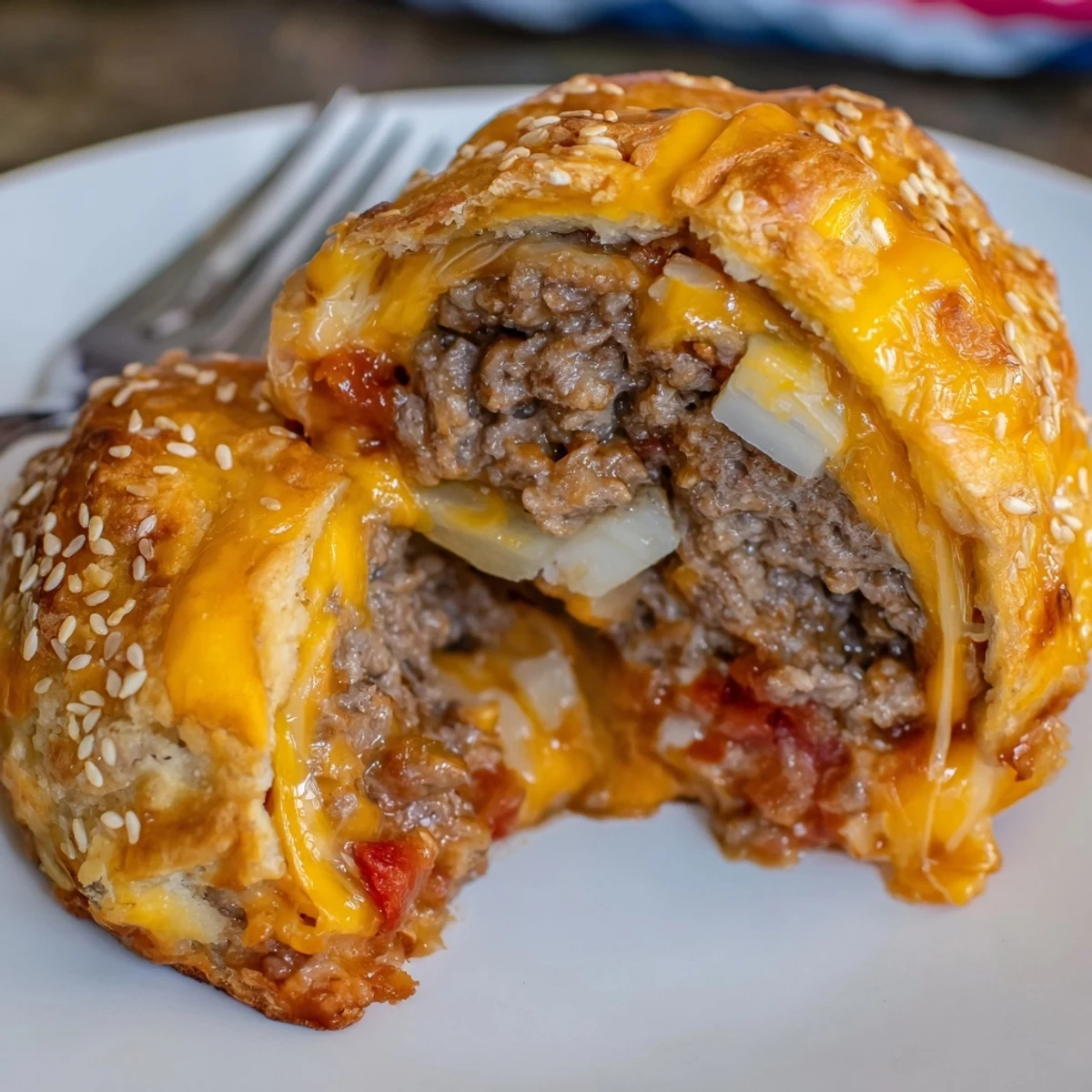 Cheesy Cheeseburger Bombs Explosion Recipe on parchment-lined tray, sesame seeds glistening