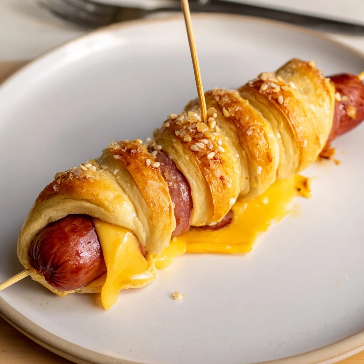 Skewered Firecracker Hot Dogs with melted cheddar peeking, ideal for backyard BBQ