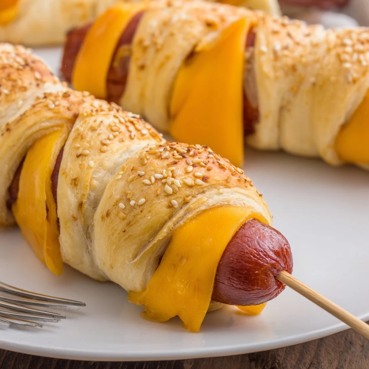 Crescent-wrapped Firecracker Hot Dogs on parchment, sesame-speckled, served with ketchup