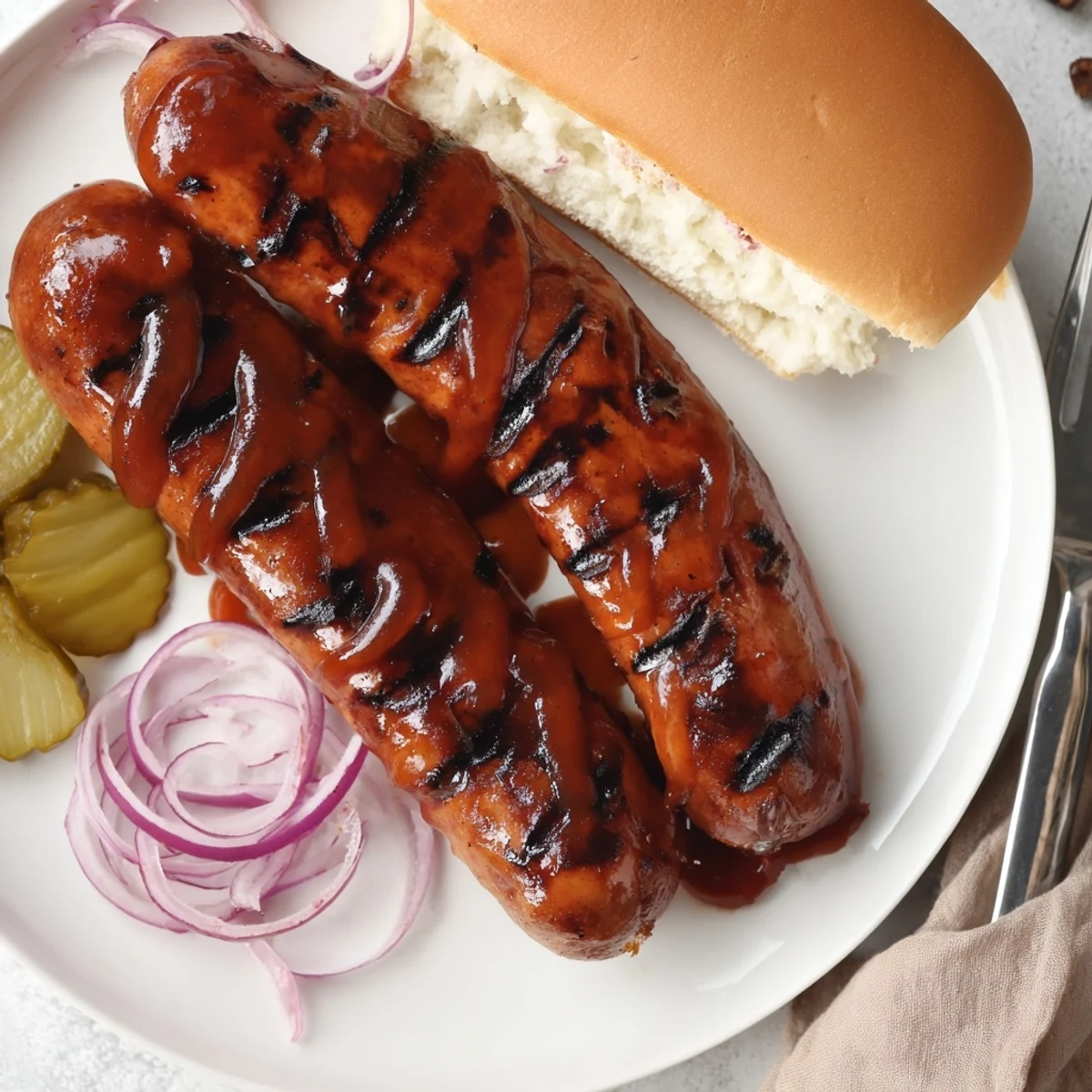 Grilled smoky links basted with sticky sauce in BBQ Sausage Recipe