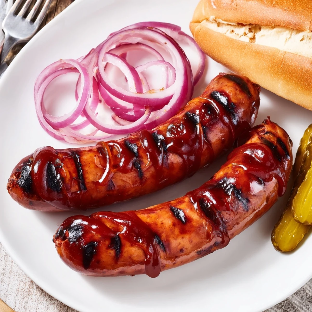 Handheld BBQ Sausage Recipe served in a toasted bun with crisp pickles