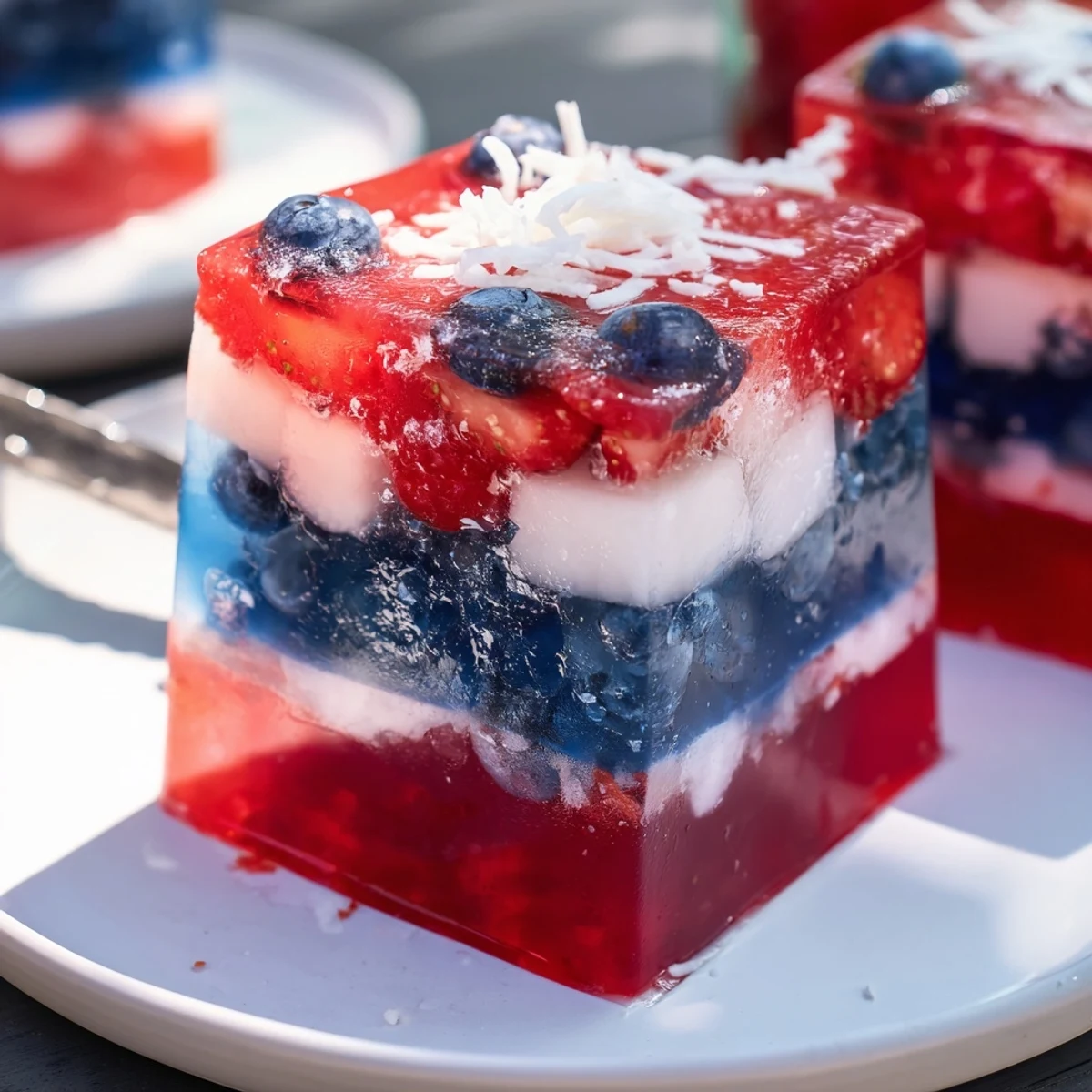 Red White And Blue Ice Cubes Recipe with glossy strawberries, blueberries, and coconut